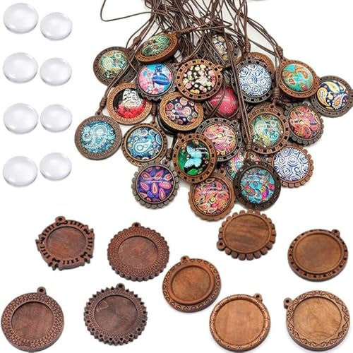 DAHI 36 stk Rund Anhänger Tablett Lünette aus holz mit Glas Cabochon Retro Glaskuppel Bastelset für DIY Souvenir Dild Medaillon Halskette Geschenk Schmuckherstellung