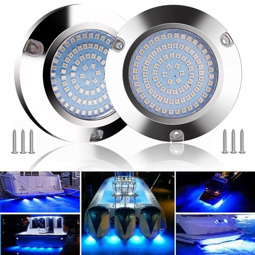 Greluma 2 stk 90 leds boots geführte unterwasserlichter,12V/24V rundes marineponton boots hecklicht, IP68 wasserdichte bootsdeckleuchten aus edelstahl led heck angellichter -blaues Licht