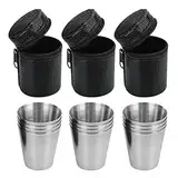 Gobesty Flachmann Becher, 12 Stück Edelstahl Becher, Stapelbare Schnapsbecher mit 3 Leder-Tasche, Trinkbecher Edelstahlbecher, Tragbar Metallbecher Ideales Flachmann-Zubehör, Tolle Geschenk-Idee