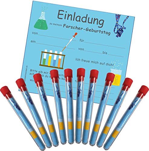 Forscher-Einladungen blau im Reagenzglas für Experimentier-Geburtstage
