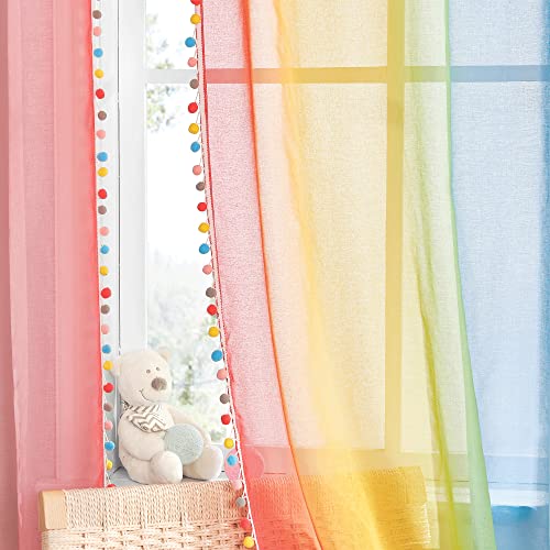 NICETOWN Farbverlauf Gardinen Kinderzimmer Ösenvorhang 2er Set H 160 x B 140 cm Regenbogen Leinenoptik Vorhang Transparent mit Bunten Pompons Dekoration