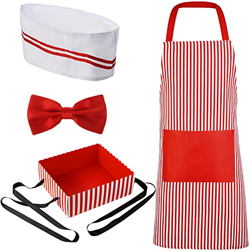 SATINIOR Kellnerkostüm Kit für Erwachsene 4 Stück inklusive Kochhut Papier Partytablett mit Riemen rot und weiß gestreifte Schürze Clip on Fliegen für Damen Herren, Einheitsgröße
