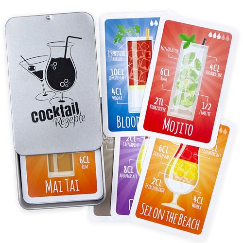 Chroma Products Cocktail Rezepte auf Karten: 30 Cocktailrezepte und Erklärungen im Set mit Metalldose, Rezepte auf deutsch, Kartenspiel oder Quartett als Geschenk