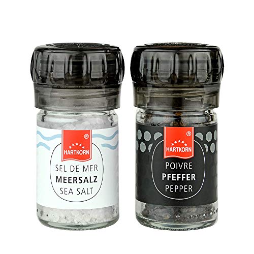 Pfeffer und Salz Set in Gewürzmühlen - 25 g schwarzer Pfeffer und 50 g Meersalz in handlichen Einweg Mühlen von Hartkorn zum Mahlen (Glasbehälter, einstellbares 2-Stufen Mahlwerk (grob/fein))
