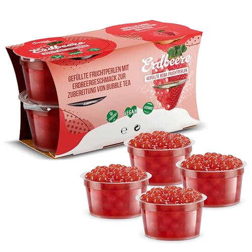 INSPIRE FOOD Bubble Tea Perlen Set - 4er-Pack Popping Boba Fruchtperlen | Erdbeere | Tapioka Perlen 100% vegan und glutenfrei, ohne künstliche Farbstoff, je 100g
