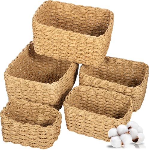 ZHHGOO 5er Set Aufbewahrungskorb Geflochten,Papierseil Braided Storage Basket,Stapelbare Speicher Storage Basket für Organisieren von Kleidung,Küchen,Badezimmer,Spielzeug Körbe Aufbewahrung