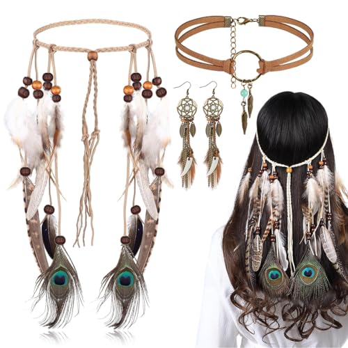 3PCS Teiliges Indianer Kopf Schmuck Set, Indian Hippie Boho Feder Stirnband, Boho Traumfänger-Ohrringe, Leder Choker Halskette Set, Indianer Schmuck für Hippie Kostüm, Vintage Karneval Schmuck