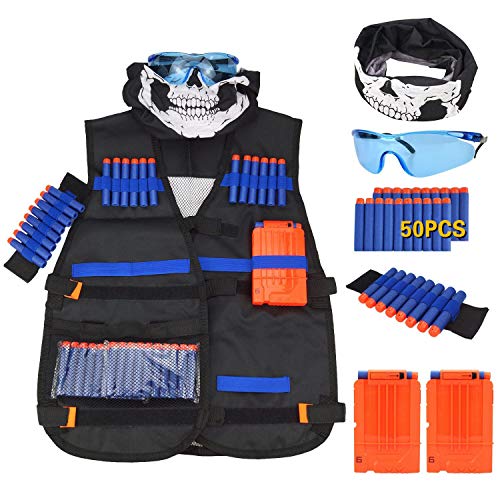 Wuudi Taktische Weste Jacke Kit (mit 50er Blau Schaumstoff Darts + Schutzbrille + Nahtlose Gesichtsmaske + 2er Clip Magazine für 7 Darts) Für Kinder N-Strike Elite Serie Spielzeuggewehre