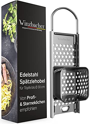 Winzbacher Edelstahl Spätzlehobel mit Teigschlitten [Topf Ø von 16-30cm] Spülmaschinenfest | Rostfrei | Spätzlereibe, Spätzlesieb, Spätzlepresse | für Spätzle & Knöpfle