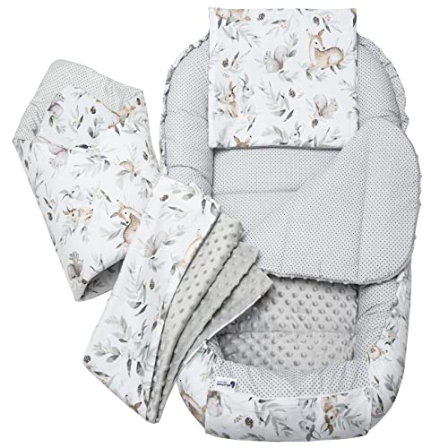 Medi Partners 5 teilig Babynestchen Set Babynest 100x60x15 herausnehmbarer Einsatz Bett Kuschelnest Krabbeldecke Babys Neugeborene 100% Baumwolle (Hirsch in Blättern mit Grau Minky)