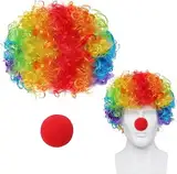 2 PCS Clown Kostüm Set, Clown Kostüm Accessoire, Clown Perücke Locken, Clown Nase Rote, Clown Zubehör Unisex, Clown Kostüm Zubehör für Karneval Cosplay Zirkusshow Party