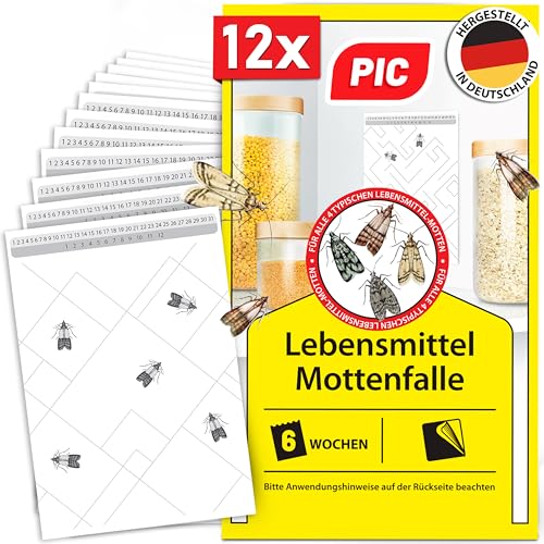 PIC Lebensmittelmotten Falle - 12 Lebensmittelmottenfallen - Mottenfalle mit Pheromon für ideale Wirkung - Mottenfalle Lebensmittel - Effektive Klebefallen zur Befallsermittlung von Lebensmittelmotten