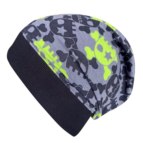 Wollhuhn ÖKO Leichte Weiche Mädchen/Kinder Beanie-Mütze Kindermütze Bündchen Elastisch Übergangszeit/Sommer Jersey Baumwolle (Öko-Stoffe, Bio) (Coole Skulls Grau/Grün, L) 20150225