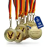 Pokal-Fabrik - Bowling-Medaillen 10er Set Metall mit Wunschtext - Bowlingmedaille golden zum Umhängen für Siegerehrungen - Medaillen Kinder mit Deutschlandband & Emblem für Vereine & Turniere