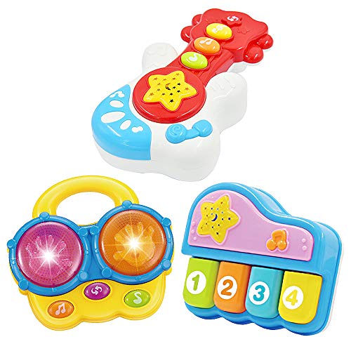 WEofferwhatYOUwant Baby Musikinstrumente Set - Klavier, Bongo und Gitarre - Schlafzeit Licht Projektor - Mehrere Spielmodi mit Auto Aus Funktion für Babys 6+ Monate - Alle Batterien Inklusive