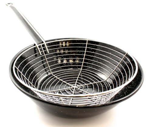 La Ideal 20924 Emaillierte Bratpfanne mit Bratkorb, 24 cm, Alloy Steel, Schwarz