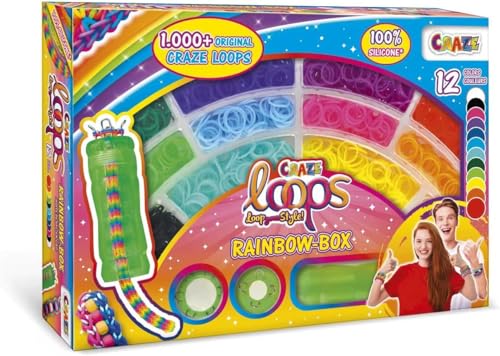 Craze Loops Rainbow Box | Regenbogen Loom Bänder Set mit 1000 Gummibänder zum Basteln - Halsketten, Ringe und Armbänder selber Machen