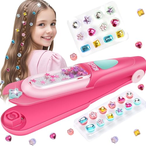 Hair Bedazzler Kit, Geschenk Mädchen 5 6 7 8 9 10 Jahre, Haarschmuck Mädchen Spielzeug für DIY Haardekorations, Haarflechtmaschine Mädchen mit Wiederverwendbare Farbedelsteine