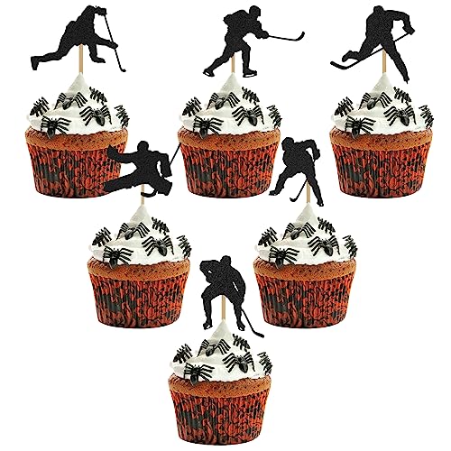 24 Stück Hockey Kuchenaufsatz, Schwarze Hockey Cupcake Topper Sport Themen Cupcake Topper Geburtstagskuchen Sticks Dekoration für Party, Geburtstagsdekorationen, Zubehör