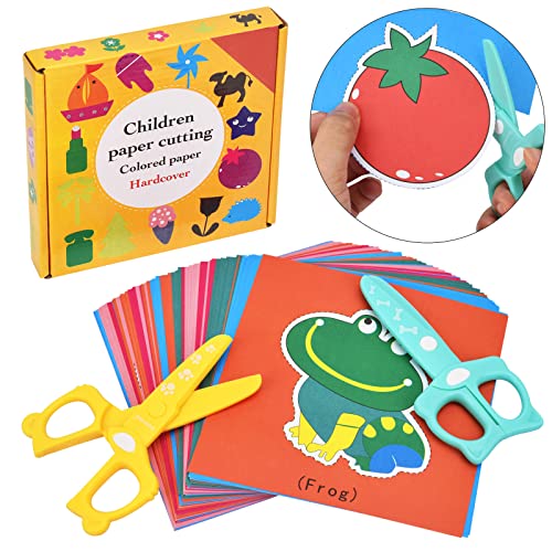 DealKits Kinder Papierschnitt Set, 2 Stück Kinder Sicherheit Schere + 48 Blatt Papier, Lustiges Papierschneid-Aktivitätsset Vorschule Kindergarten Kita Spaß DIY Lernspielzeug Pädagogisches Spielzeug