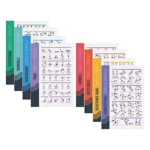 PosterMate - Profi Fitness Poster fürs Training - 8er Set - 42 x 63 cm - verschiedene Sportübungen - Perfekt geeignet für Körpergewicht, Homegym, Kurzhantel, Langhantel, Yoga, Kettlebell, Dehnen