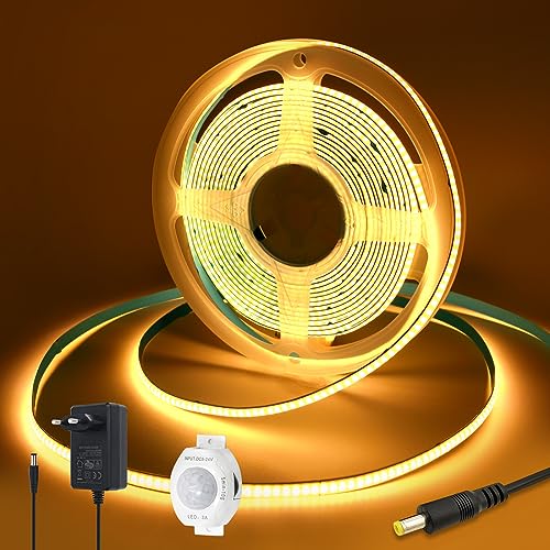 Yamlten 12V COB LED Streifen 3000k Warmweiss,LED Strip mit Bewegungsmelder,Netzadapter,320 LEDs/M für Gesellschaftsraum，Schrank,Schlafzimmer DIY LED Band 3m.