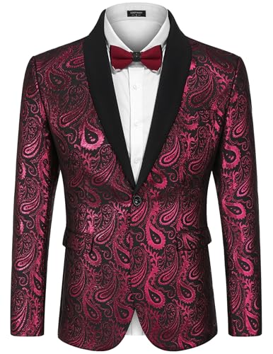 Coofandy Florale Smokingjacke mit Paisleymuster, Schal, Revers, Anzug, Blazer, Jacke für Abendessen, Abschlussball, Hochzeit, Pink, L