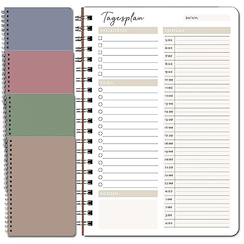 BIROYAL Zeitmanagement Handbuch, 4 Stück Tagesplaner, 100 Seiten Terminplaner, 14x21cm To Do Liste, Daily Planner Spiralblock, Notizblöcke Terminplaner Notizbuch für Reise Schule Organizer