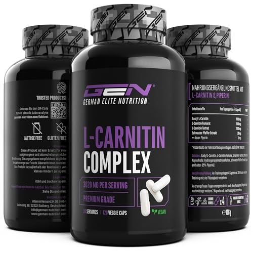 L-Carnitin Triple Komplex - 3000 mg je Tagesportion - Premium: Komplex aus Acetyl-l-carnitin, L-Carnitin Tartrat & Carnitin Fumarat - 120 Kapseln - Hochdosiert - Vegan