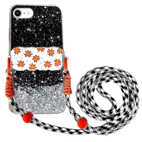 Rnrieyta Miagon Handykette Hüll für iPhone 6S/6 Glitzer Durchsichtig Case mit Universal Blume Telefon Clip Kordel zum Umhängen Handyanhänger Halsband Lanyard