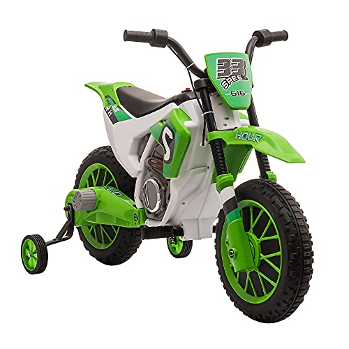 HOMCOM Kinder Elektro-Motorrad Kindermotorrad 12V Kinderfahrzeug Elektrofahrzeug mit 2 abnehmbaren Stützrädern für Kinder ab 3 Jahre PP Metall Grün+Weiß 106,5 x 51,5 x 68 cm