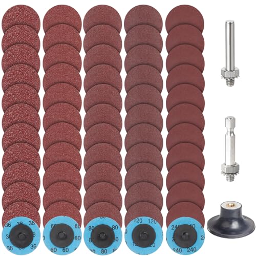 PMIQSA 2 Zoll Schleifscheiben Set 63 Stück, Aluminiumoxid Schnellwechsel Scheiben, Mehrkörnungs-Set 36/60/80/120/240, Für Metall-Holz, polieren, Rostentfernung, Industrietaugliche Schleifscheiben