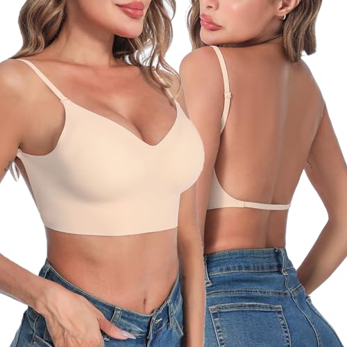 Crewhpo Damen Rückenfrei BH Ohne Bügel Rückenfreier Bra mit V-Ausschnit Bügelloser Bustier Push Up Bralette mit Niedrigem Rücken Invisible mit Abnehmbaren Trägern S-XL