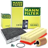 Inspektionspaket Filterset 1x MANN-FILTER Ölfilter, 1x MANN-FILTER Luftfilter, 1x MANN-FILTER Innenraumfilter (Aktivkohlefilter), 1x Ölablassschraube mit Dichtring, 1x Ölwechselanhänger,