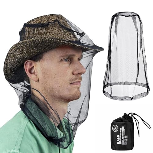 Moskitonetz Kopf,Kopfnetz,Mückenschutz Kopfnetz,Mosquito net Head für Insekten-und Fliegenschutz,Ultrafeine Löcher,für Gesichtsschutz,Wandern,Angeln Im Freien,Camping mit Tragetasche(Schwarz)
