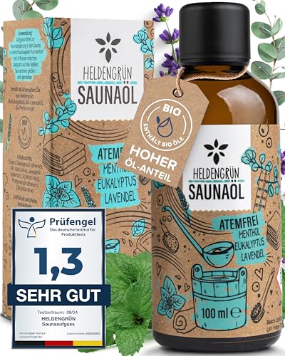 Heldengrün BIO Saunaaufguss Atemfrei [ECHTE BIO-ÖLE, 3 DÜFTE] - Saunaöl mit Menthol, Eukalyptus & Lavendel - Natur Sauna Aufgussmittel mit ätherischem Bio-Öl