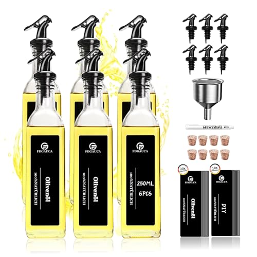 SAEIV 6 Stück Essig Öl Flaschen, Hochtransparentes Glas Öl und Essig Spender, mit Schwarzer Labels, 250ml Oil Dispenser Set, für Geordnete Aufbewahrung Verschiedener Flüssigkeit im Küche