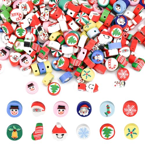 LYTIVAGEN 200 Stück Weihnachten Tonperlen Topf Schmuck Perlen Weihnachtsperlen Polymer Clay Perlen Weihnachten Armband Perlen Ton Weihnachten Bastelperlen für Armbänder Halsketten Schmuckherstellung