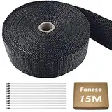 Hitzeschutzband, Foneso 15M Hitzeschutzband Auspuff Schwarz mit 12 Edelstahl Kabelbinder, für Motorrad Fächerkrümmer Thermoband Krümmerband