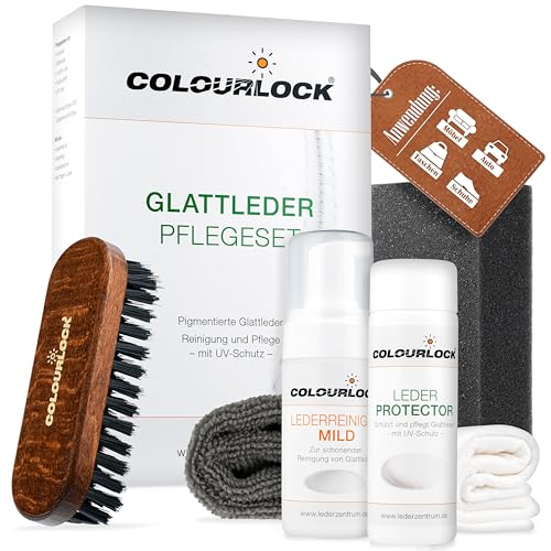 COLOURLOCK Lederpflege Set Glattleder | Leder Pflege Set geeignet für Auto Sofa Couch uvm. | Lederreiniger Mild + Leder Protector + Reinigungsbürste + Reinigungsschwamm + Tücher