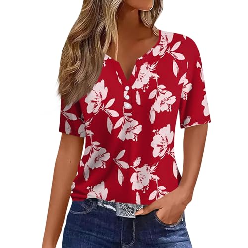 Rosennie Angebote des Tages Heute Damen T-Shirts Für Damen Oberteile Damen Elegant Bluse Schwarz Damen V-Ausschnitt Blumen Bedruckt Henley Bluse Mit Knopfleiste Casual Damen Shirt (Red, M)