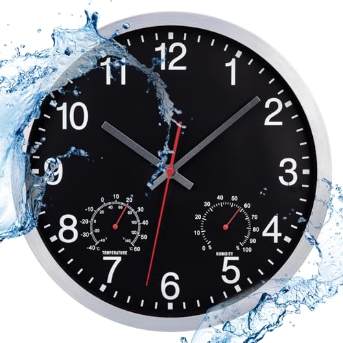 ACCSHINE Outdoor Wasserdicht Wanduhr Mit Thermometer und Hygrometer Anzeige Wanduhr Ohne TickgeräUsche Lautlos 30cm Quarz Batterie Betriebene Groß Deko Garten Wand Uhr (Schwarz)