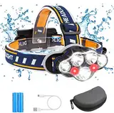 Yiyicas 7 LED Stirnlampe mit Batterien, wasserdichter Kopflampe USB Stirnlampe wiederaufladbar,18000 Lumen 8 Modi Kopflampe mit Rot weiß Warnlicht für Outdoor Camping Wandern Arbeiten