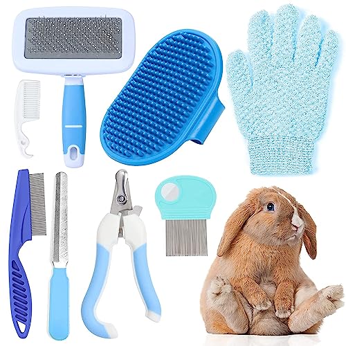 MIAOZ Kaninchen Pflege Set mit Nagelknipser und Trimmer Haustier Haarentferner Lang und Feile, Floh Kamm, Shampoo Badebürste für Hasen Welpen Kätzchen Meerschweinchen Frettchen kleine Tiere (blau)