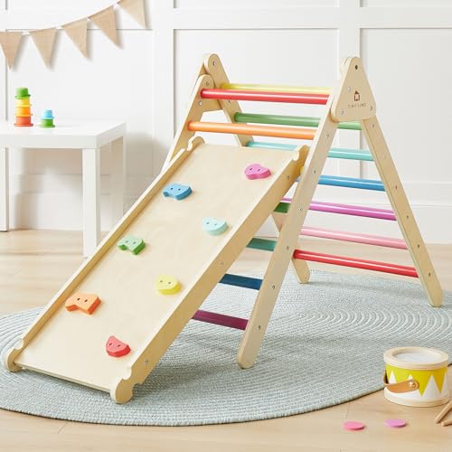 Tiny Land 2 in 1 Kletterdreieck - Regenbogenfarben, Dreieck Klettergerüst, Montessori-Kletterspielzeug für Kleinkinder, Hölzernes Indoor-Kletterset für 2-6 Jahre