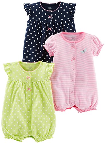 Simple Joys by Carter's Baby Mädchen 3-Pack Snap-up Rompers Strampler, Hellgrün/Marineblau Punkte/Rosa Streifen, 6-9 Monate (3er Pack)