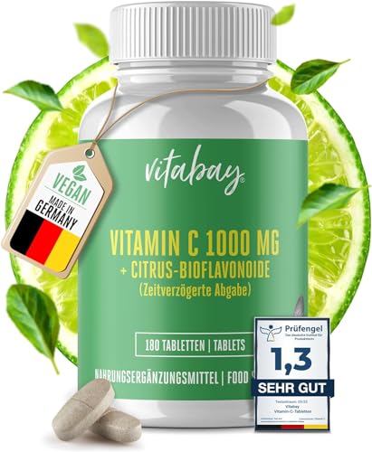 Vitabay Vitamin C hochdosiert 1000mg + Bioflavonoide VEGAN - 180 Ascorbinsäure Vitamin C Tabletten natürliches Vitamin C gepuffert 1000mg - Hochdosiertes gepuffertes Vitamin Vit C Kapseln C+ natürlich