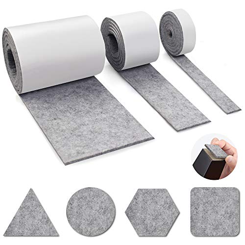 Auckpure selbstklebende Filzgleiter, 3 Rollen selbstklebender Filz für Möbel 100 cm x 10 cm, 100 cm x 5 cm, 100 cm x 2 cm, beliebige Form zuschneidbar, Filzunterlage für Stühle, Bodenschutz, Grau