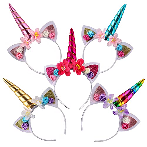 Einhorn Stirnband, Unicorn Horn Stirnband mit Ohren und Blumen, Einhorn Geburtstag Haarreif, Haarschmuck für Ostern Geburtstag Party Karneval, Head Accessoires Party Dekoration(5 Stück)