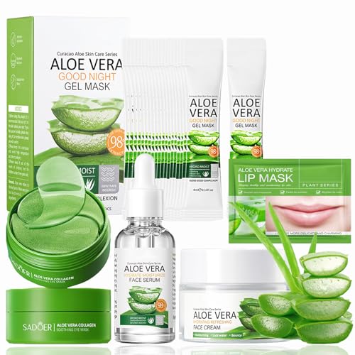 Soleneva Aloe Vera Skincare Set 5 Stück, Hautpflege und Gesichtspflege Set für Teenager-Mädchen, Beauty Set mit Aloe Vera Creme,Serum, Overnight Maske Gesicht (20 PCS), Lippenmaske, Eye Patches